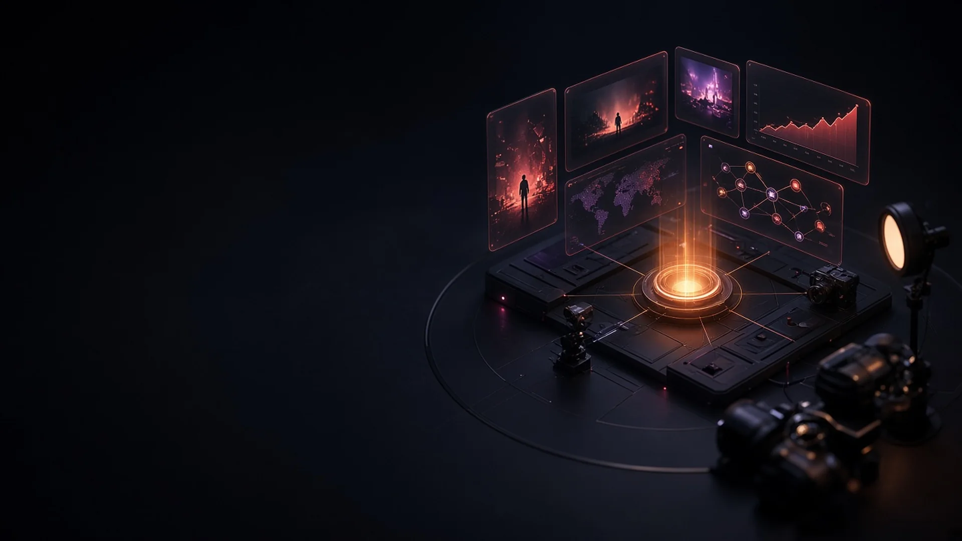 A dark media command center with holographic screens and cameras