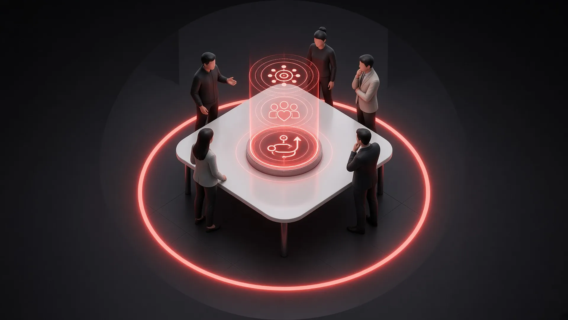 A team around a table in a dark strategy room