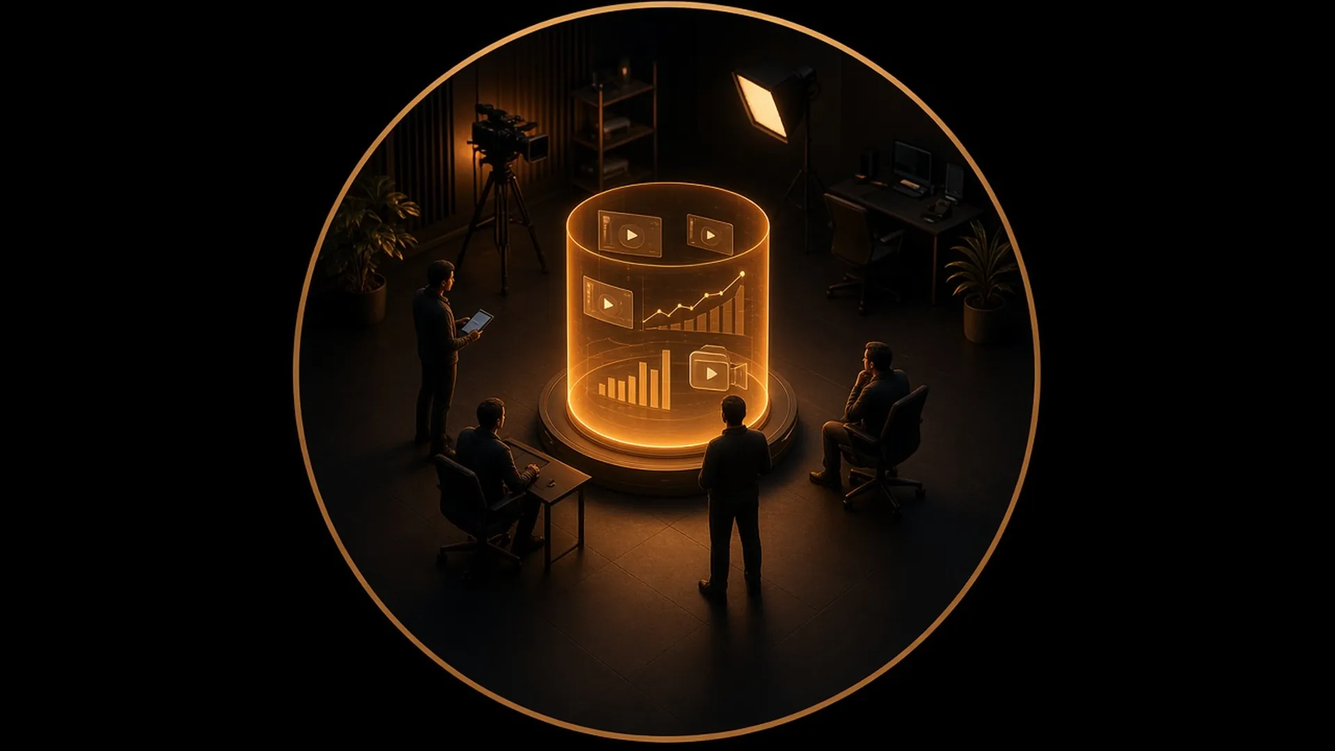 A content studio around a glowing hologram of videos and charts